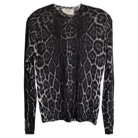 Saint Laurent Buttoned Cardigan in Animal Print Cashmere 7748634968124