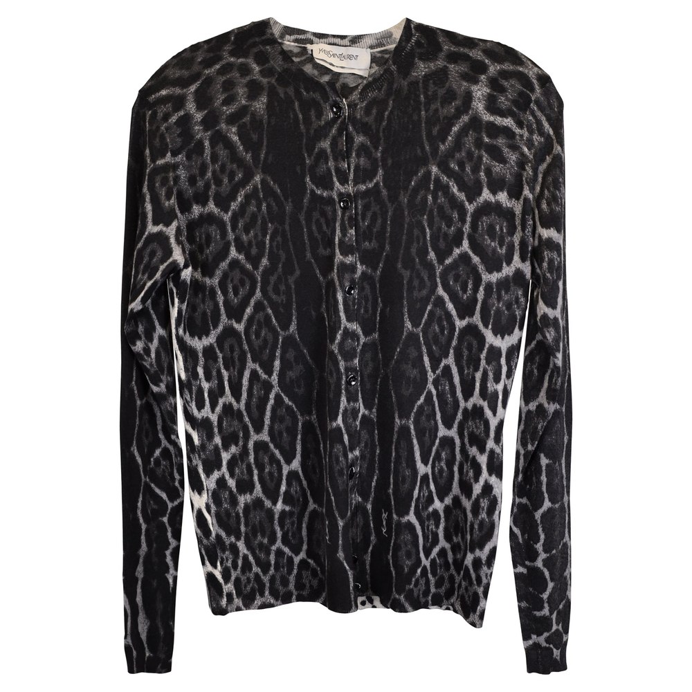 Saint Laurent Buttoned Cardigan in Animal Print Cashmere 7748634968124