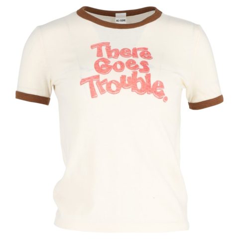 Re/Done ‘There Goes Trouble’ T-Shirt in Cream Cotton