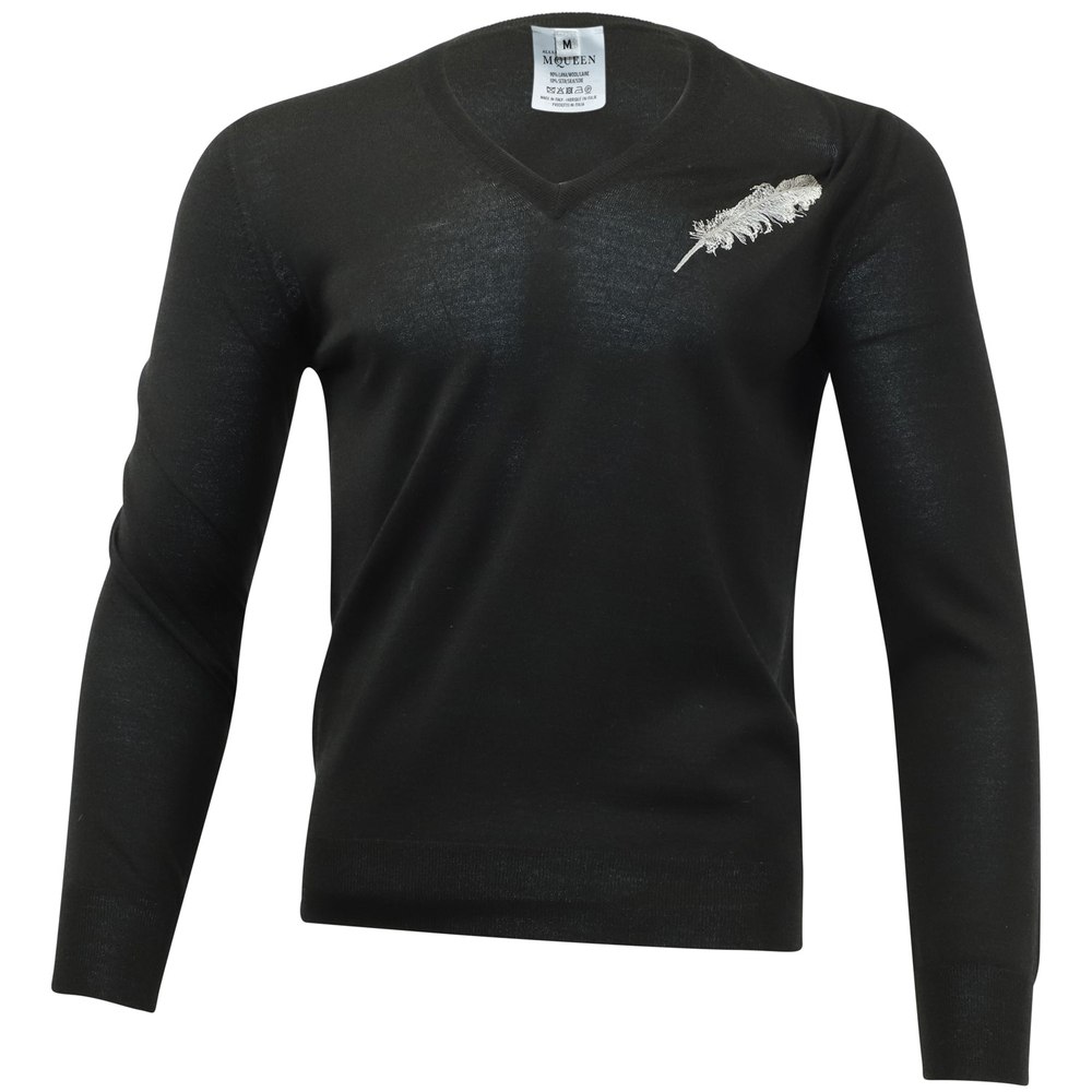Alexander McQueen V-neck Sweater with Feather Embroidery in Black Wool 7748635164732