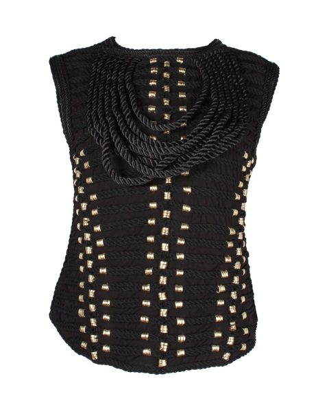 Balmain x H&M Rope Trimmed Gold Ring Embellished Blouse in Black Viscose 7748645322812