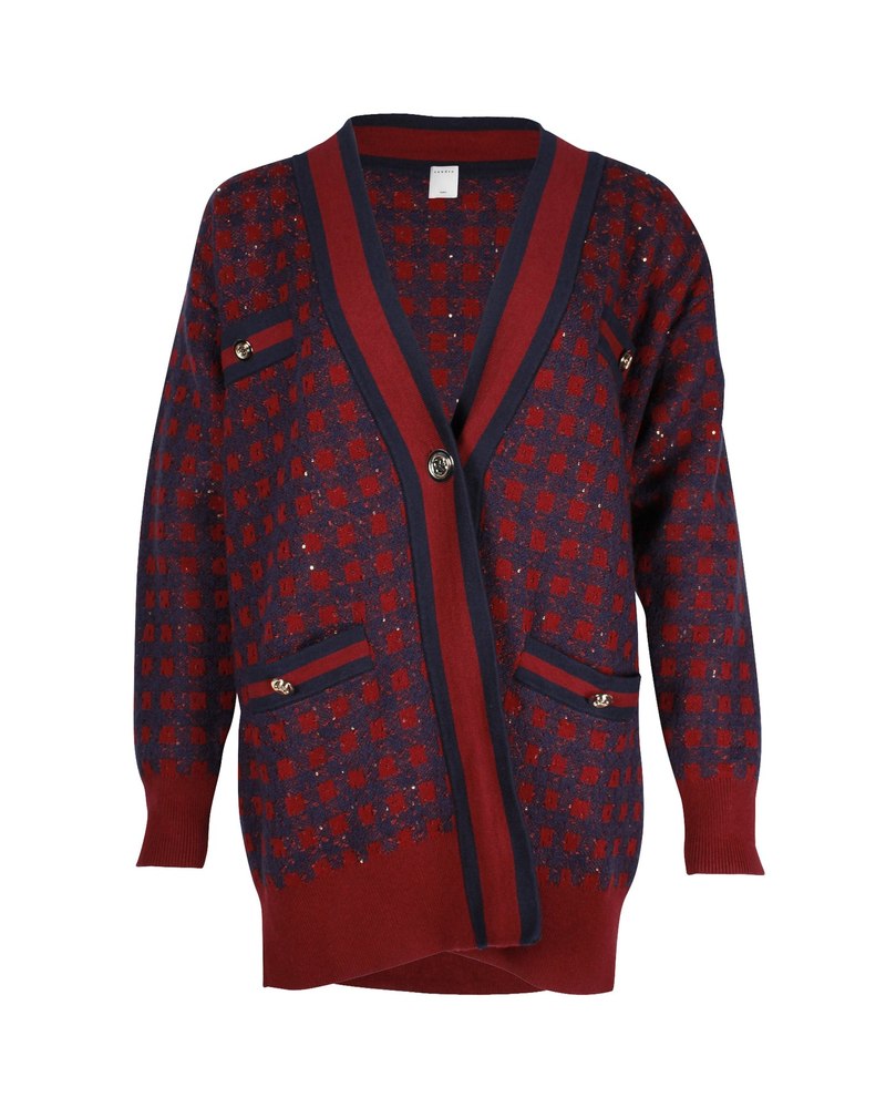 Sandro Paris Margot Check Sequin Oversized Cardigan in Maroon and Navy Cotton Blend 7748651712572
