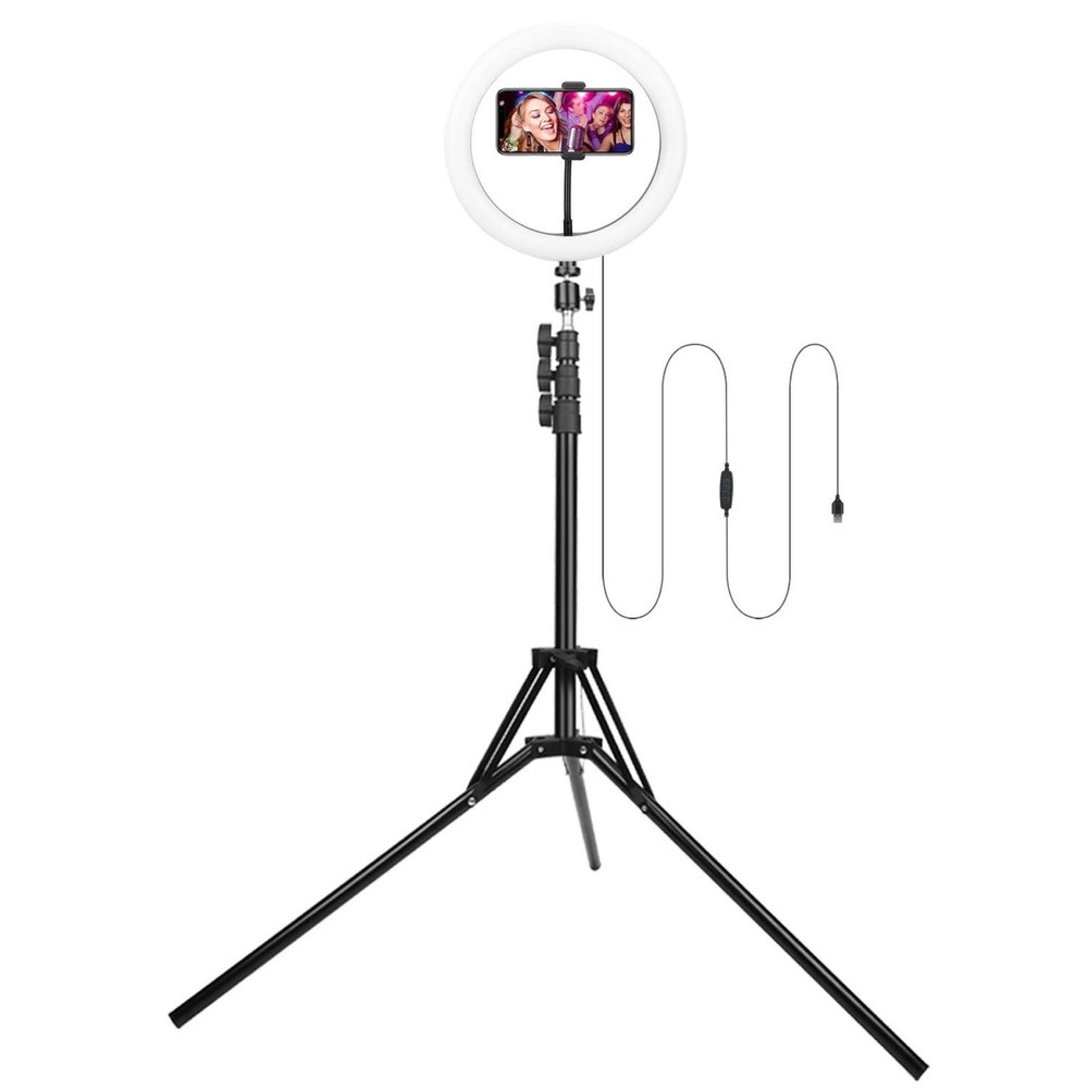 10in LED Selfie Ring Light – Dimmable, 120 LEDs, Adjustable Tripod Stand, Cell Phone Holder – Perfect for YouTube Videos/Live Streams