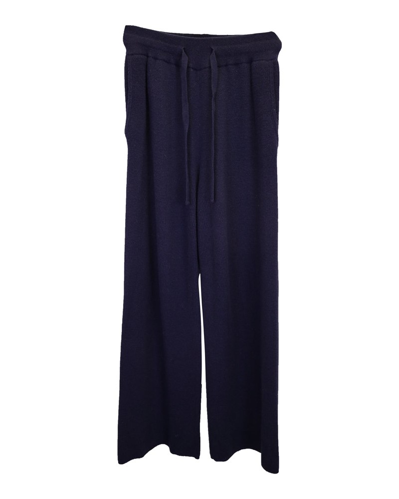 Nanushka Oni Ribbed-Knit Straight-Leg Pants in Navy Blue Wool 7748654202940