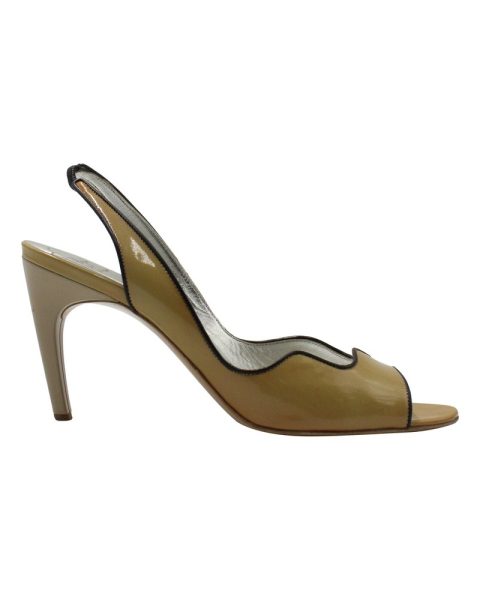 Roger Viver Wavy Peep-Toe Slingback Sandals in Camel Patent Leather