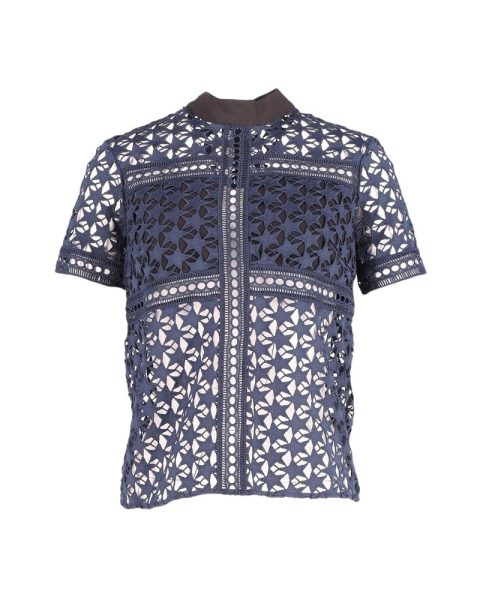 Self-Portrait Star Pattern Sheer Top in Navy Blue Polyester