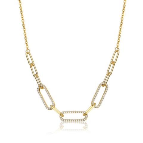 Sterling Silver 14k Yellow Gold Plated with Cubic Zirconia Elongated Cable Link Chain Necklace