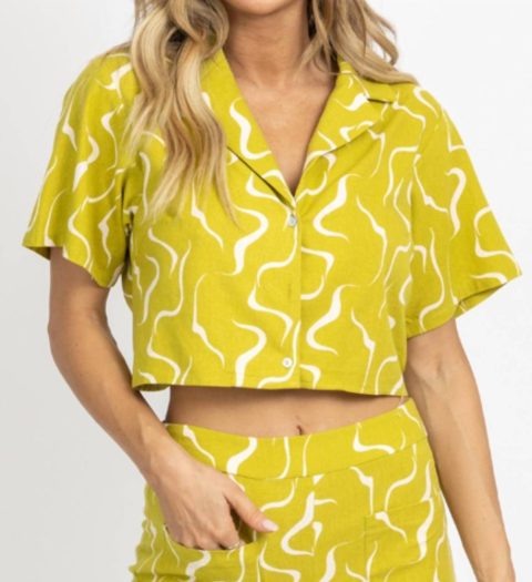 Linen Abstract Open-Back Top In Lime
