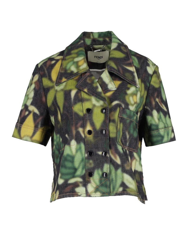 Fendi Floral Buttoned Short Sleeve Jacket in Green Cotton 7748662657084