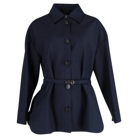 Fendi Woven Oversized Jacket with FF Belt in Navy Blue Wool 7748665278524