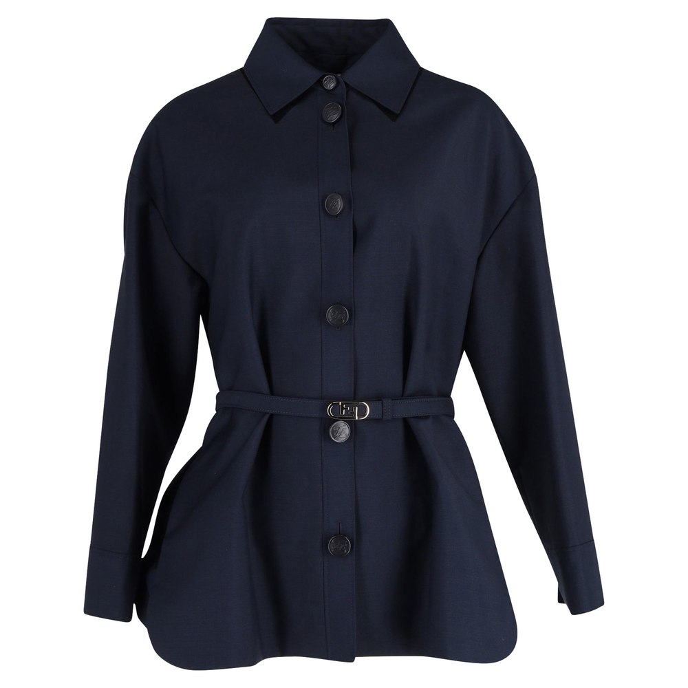 Fendi Woven Oversized Jacket with FF Belt in Navy Blue Wool 7748665278524