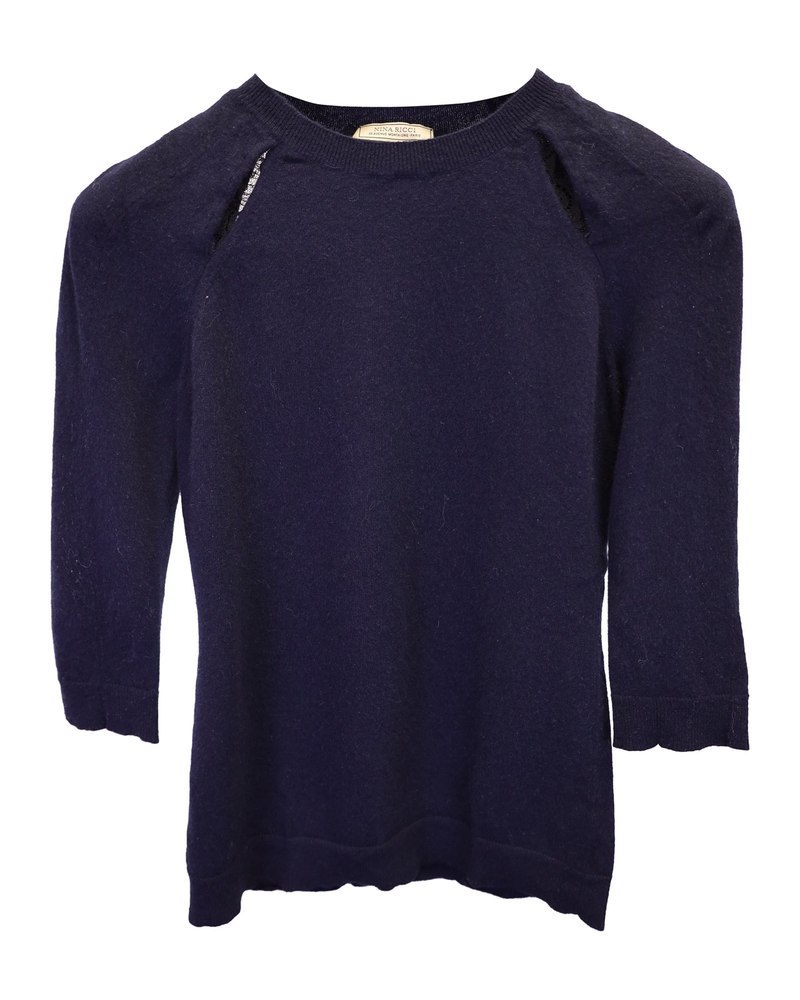 Nina Ricci Knit Cutout Sweater in Navy Blue Cashmere 7748666687548