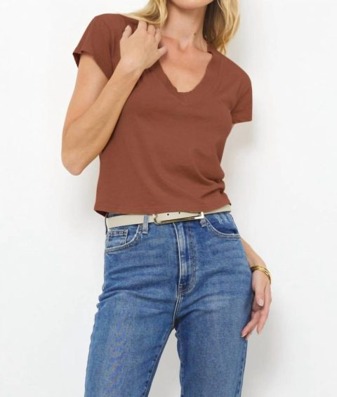 Suri Organic Deep V Cap Sleeve Tee In Cognac