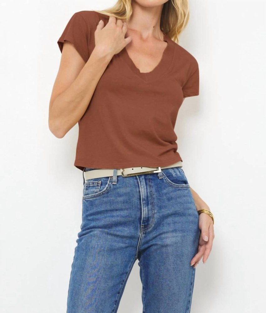 Suri Organic Deep V Cap Sleeve Tee In Cognac