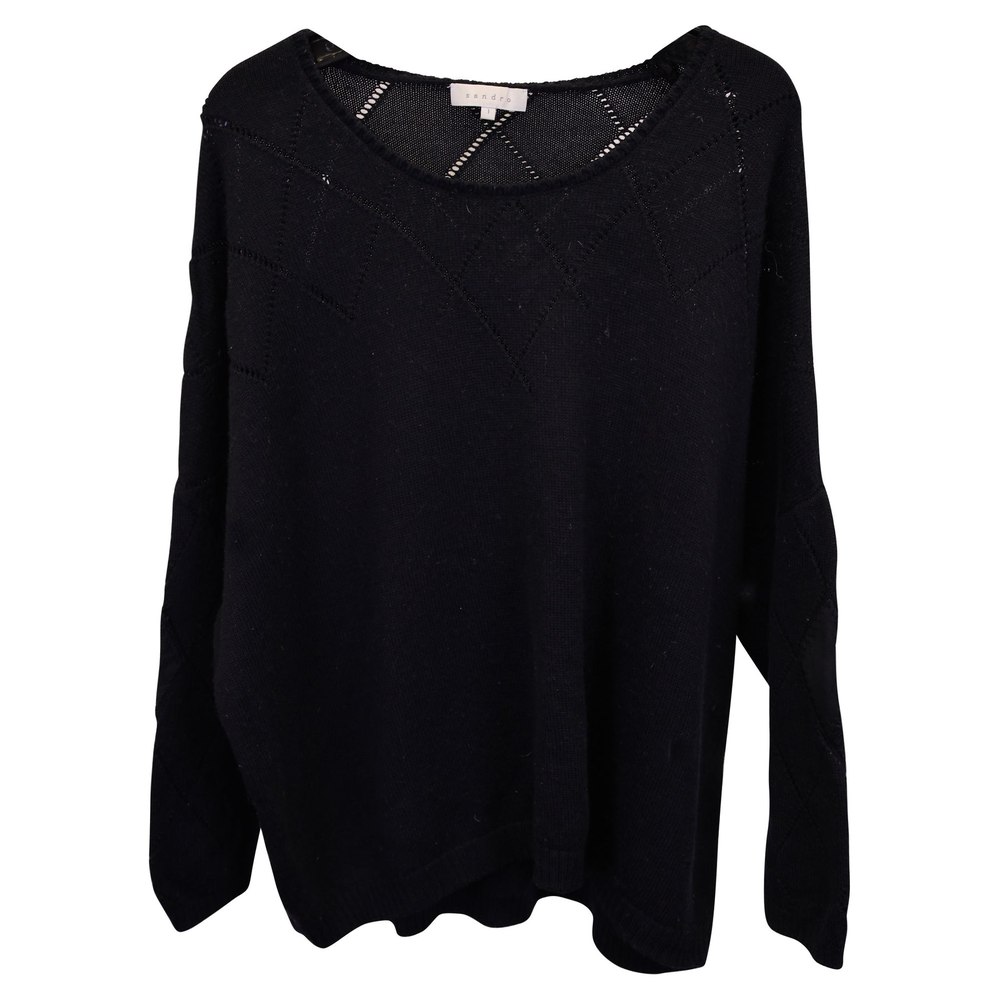 Sandro Paris Sweater with Open-Knit Details in Navy Blue Wool 7748666490940