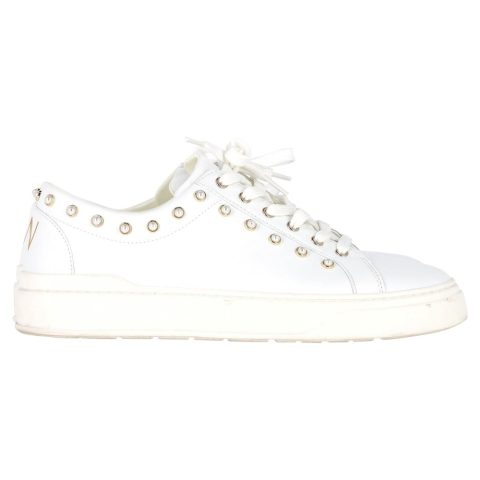 Stuart Weitzman Tillie Faux Pearl-Embellished Sneakers in White Leather 7748668424252