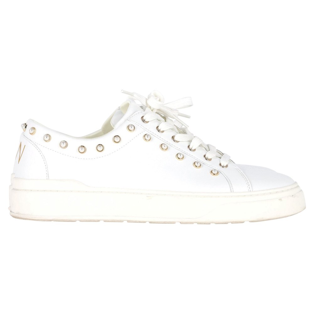 Stuart Weitzman Tillie Faux Pearl-Embellished Sneakers in White Leather 7748668424252