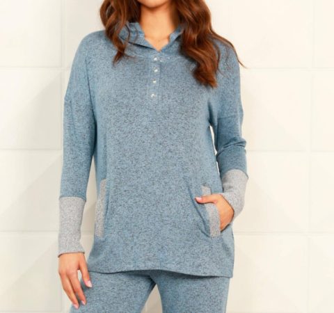 Button Ribbed Hoodie With Pocket In Wind/tin