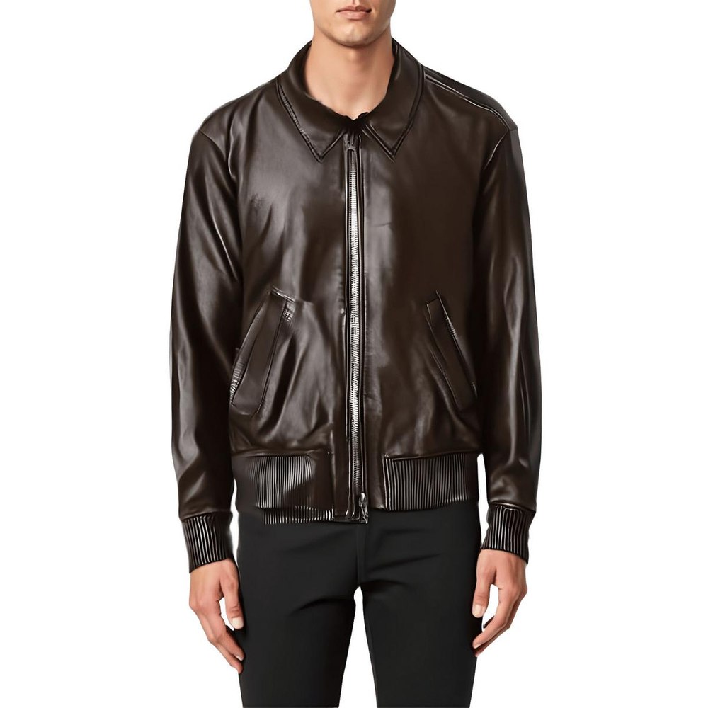 Ribbed Trim Lambskin Leather Leather Jacket