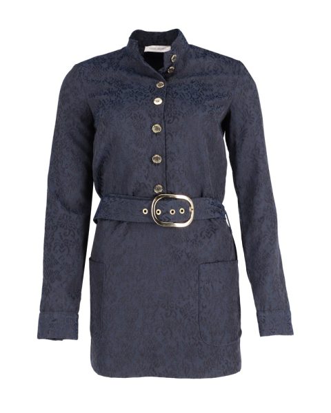 Balmain Belted Jacquard Dress with Gold-Tone Button in Navy Blue Polyester