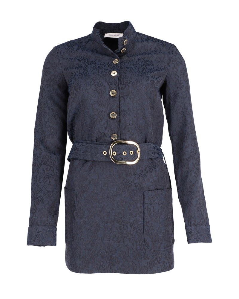 Balmain Belted Jacquard Dress with Gold-Tone Button in Navy Blue Polyester
