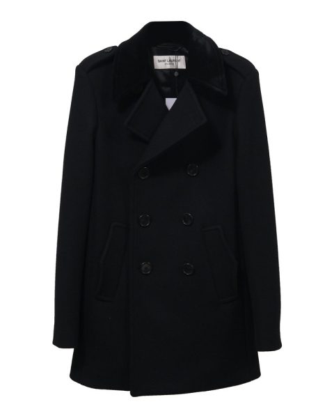 Saint Laurent Double-Breasted Short Coat in Black Wool 7748675928124