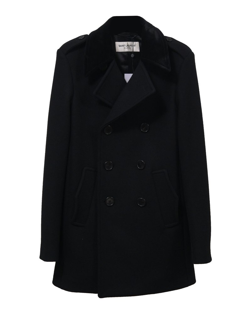 Saint Laurent Double-Breasted Short Coat in Black Wool 7748675928124