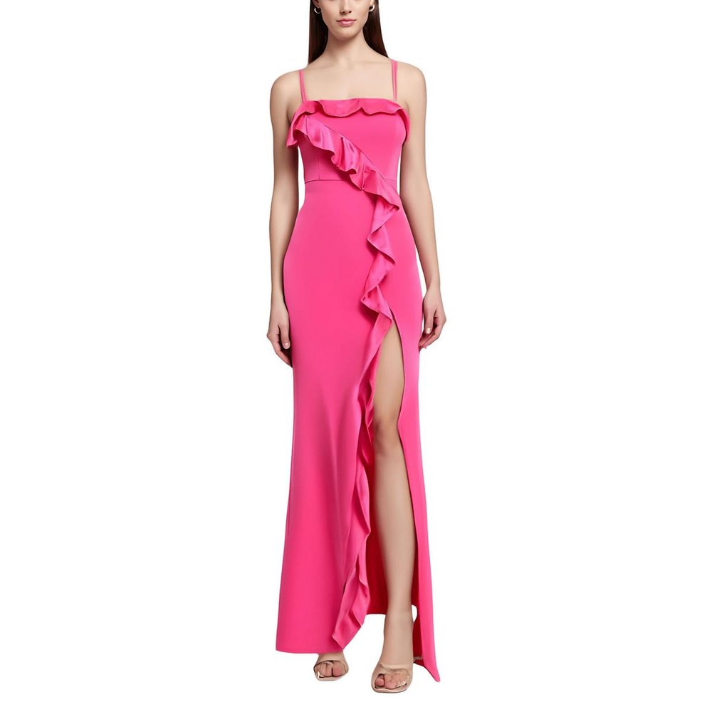 Juniors Satin Trim Ruffled Evening Dress
