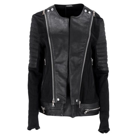 Balmain Collarless Sweatshirt Biker Jacket in Black Leather and Cotton 7748676747324