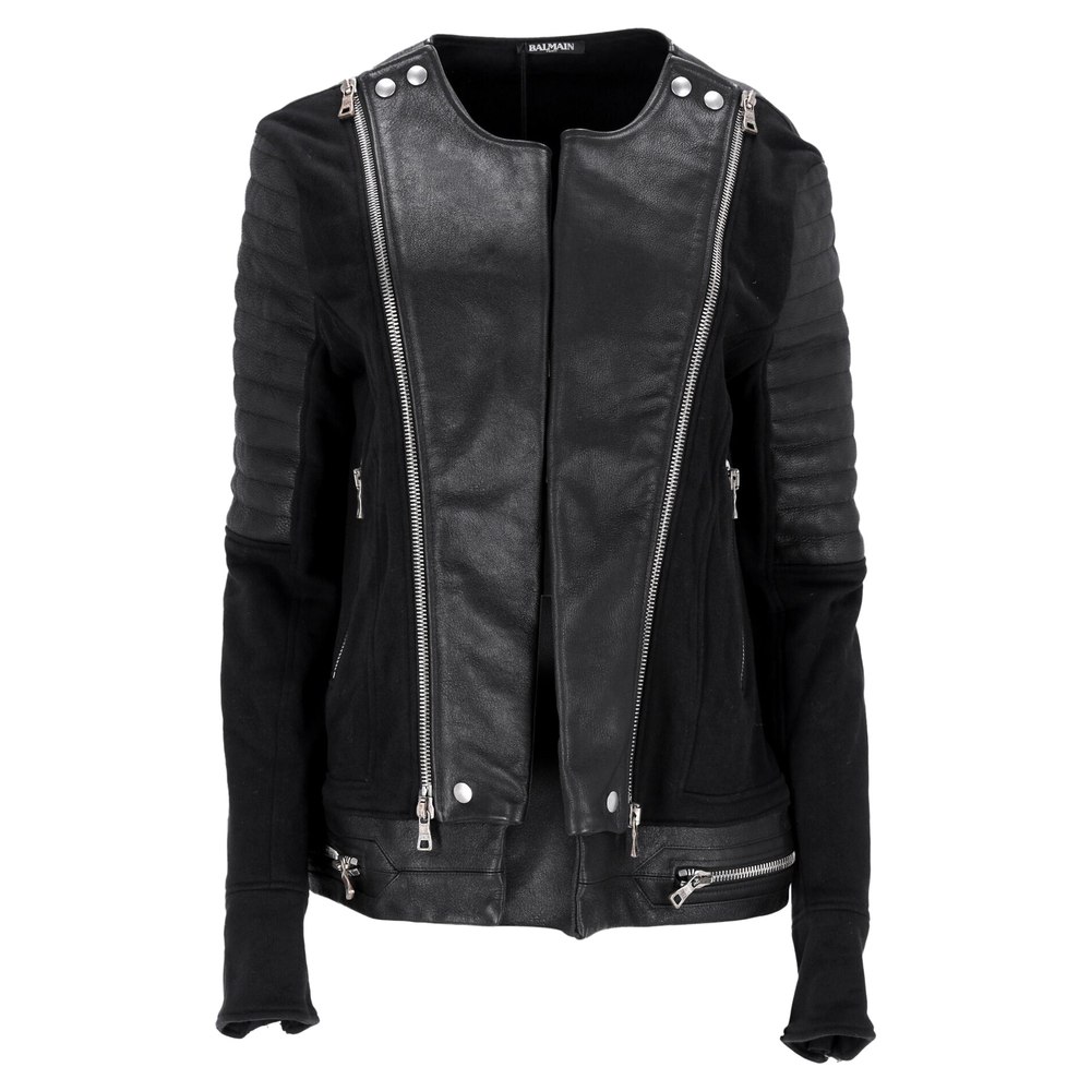 Balmain Collarless Sweatshirt Biker Jacket in Black Leather and Cotton 7748676747324