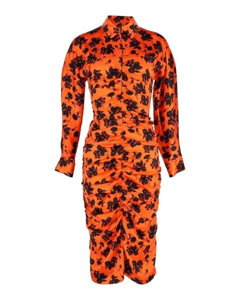 Ganni Ruched Floral-Print Midi Dress in Orange Silk 7748677173308