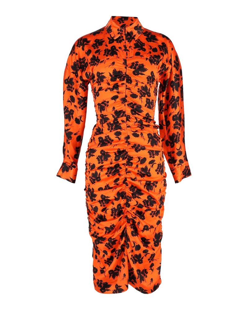 Ganni Ruched Floral-Print Midi Dress in Orange Silk 7748677173308