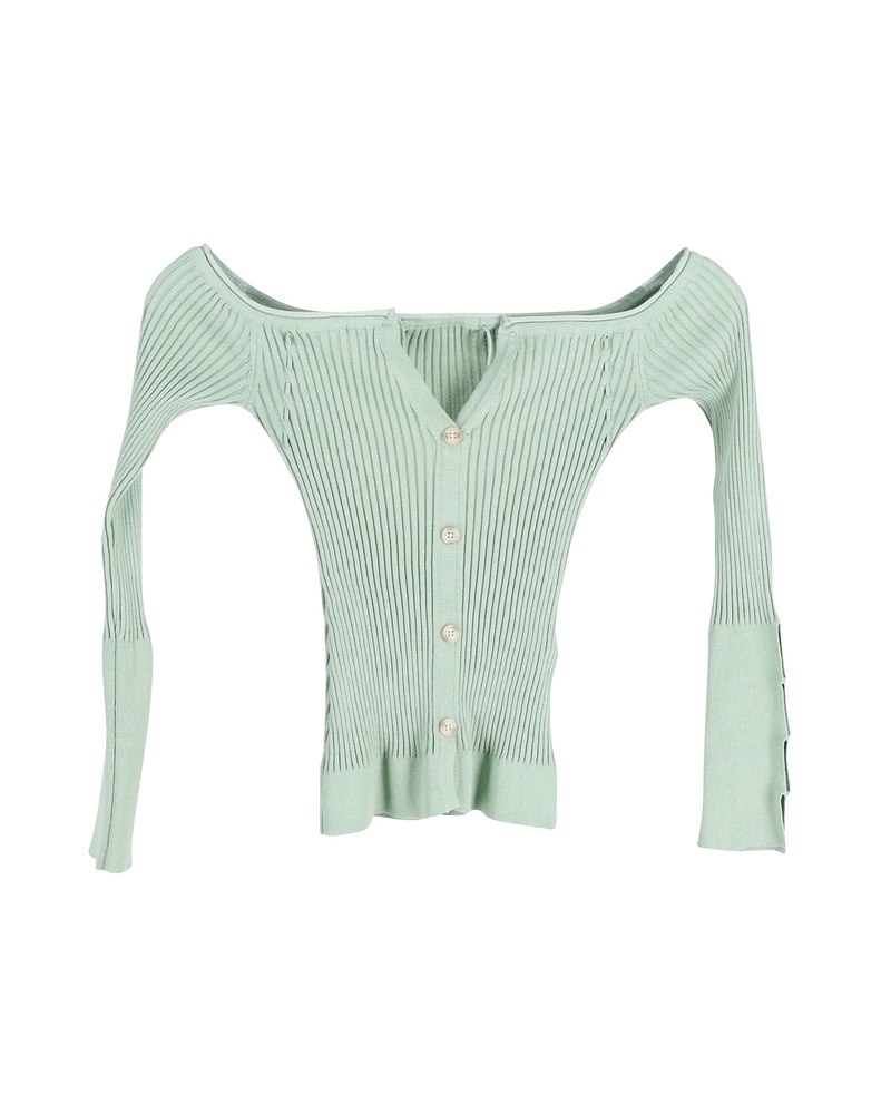 Jacquemus Tordu Cold-Shoulder Ribbed-Knit Cardigan in Green Viscose