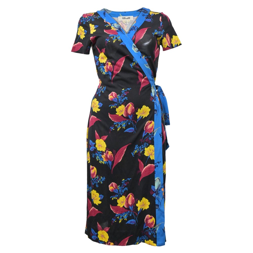 Diane Von Furstenberg Floral Print Wrap Dress in Black Polyester 7748683956284