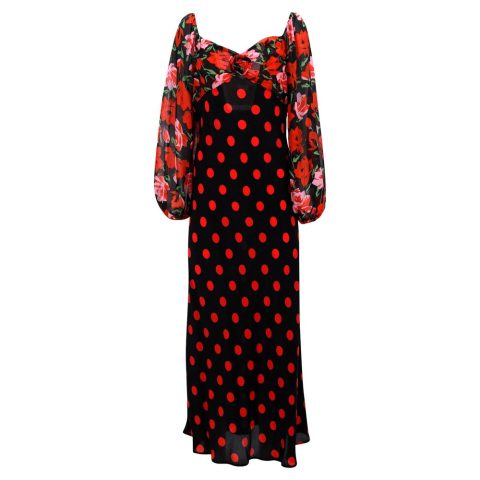 Rixo Josephine Polka-dot Dress in Black and Red Silk 7748685594684