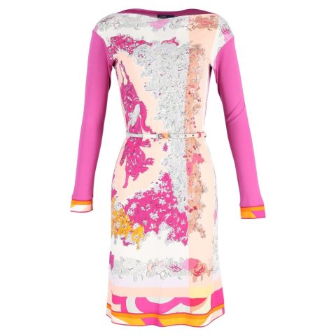 Emilio Pucci Printed Long-sleeved Belted Midi Dress in Pink Viscose 7748686643260
