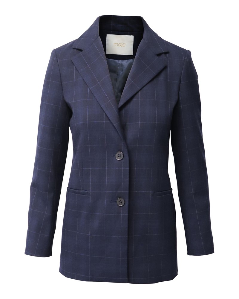 Maje Plaid Blazer Jacket in Navy Blue Polyester