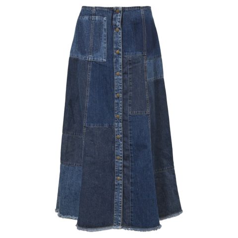 McQ By Alexander McQueen Patchwork A-line Midi Skirt in Blue Denimalexande 7748690280508