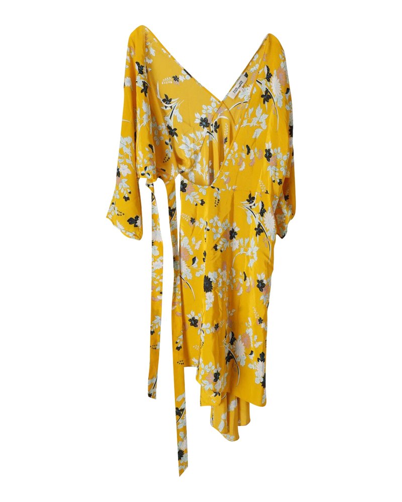 Diane Von Furstenberg Floral Print Wrap Dress in Yellow Silk