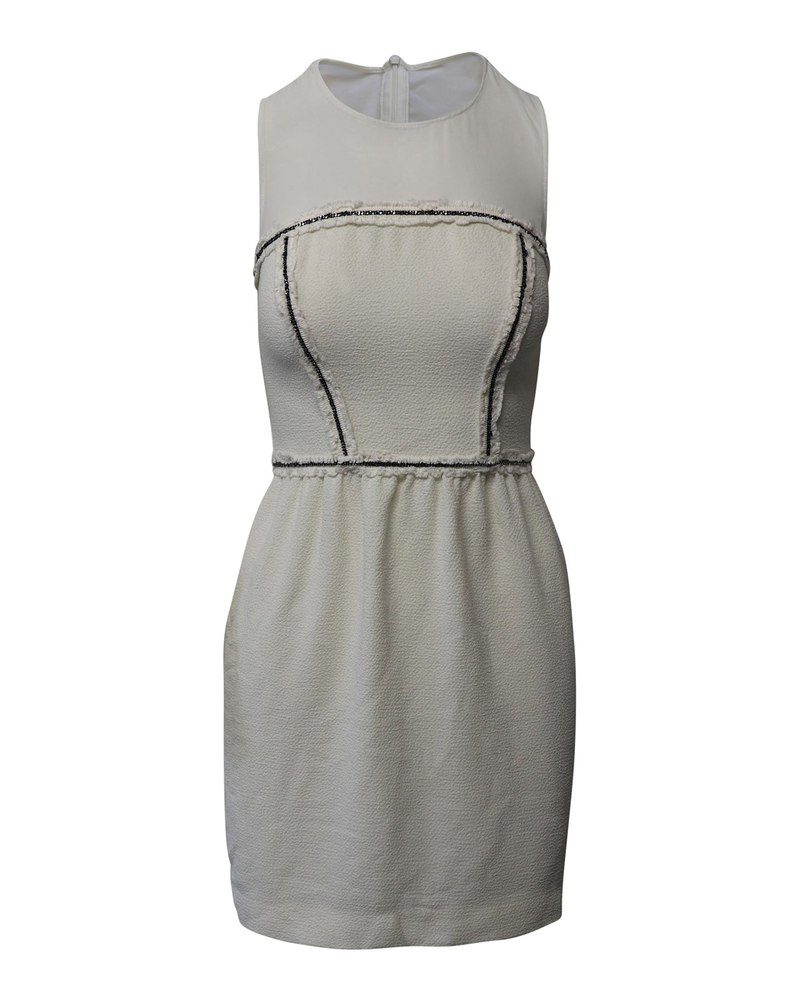 Sandro Paris Mesh Paneled Sheath Dress in Cream Polyester
