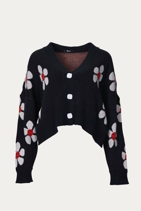 Cropped Retro Floral Cardigan In Black