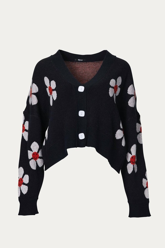 Cropped Retro Floral Cardigan In Black