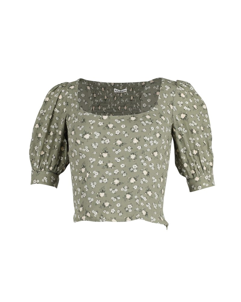 Reformation Cave Top with Floral Print in Green Khaki Viscose
