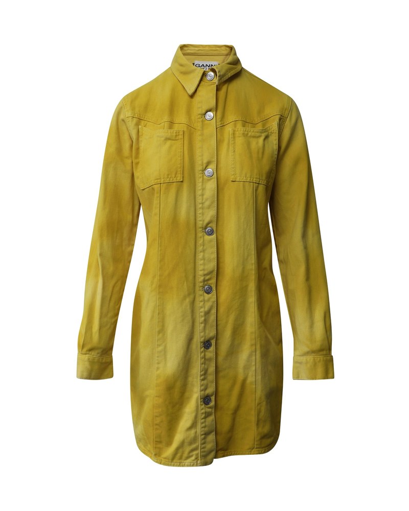 Ganni Denim Button Front Shirt Mini Dress in Yellow Cotton
