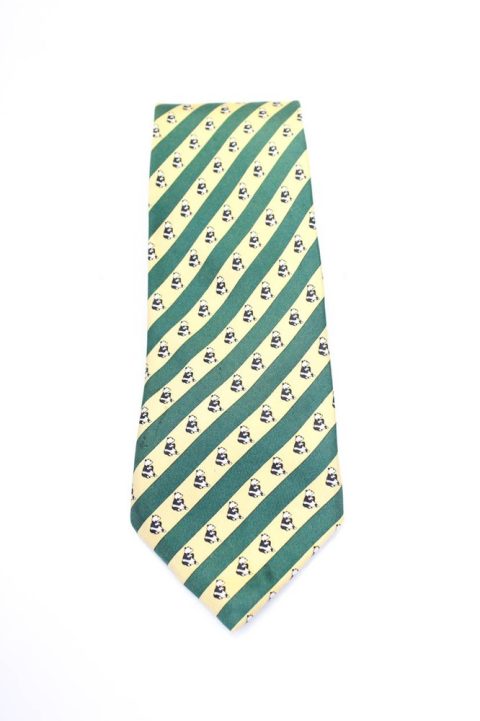Hermes Mens Classic Width Striped Panda Printed Silk Tie Green Yellow
