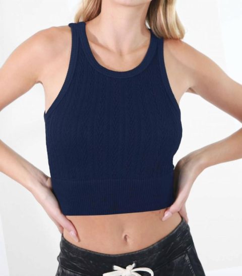 Cable Knit High Neck Crop Top In Indigo