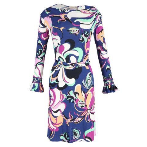Emilio Pucci Aruba Long-sleeved Belted Midi Dress in Blue and Purple Floral Print Viscose 7748703191100