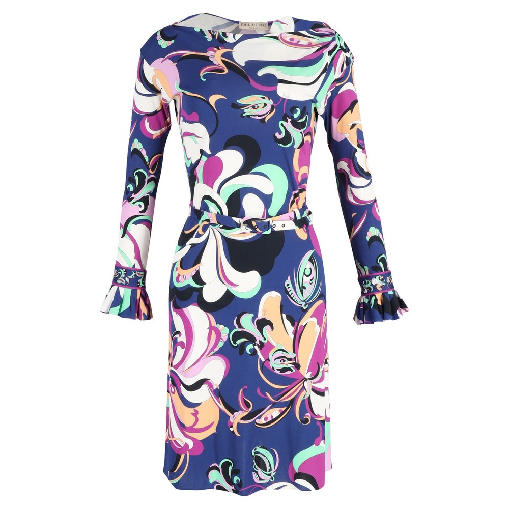 Emilio Pucci Aruba Long-sleeved Belted Midi Dress in Blue and Purple Floral Print Viscose 7748703191100