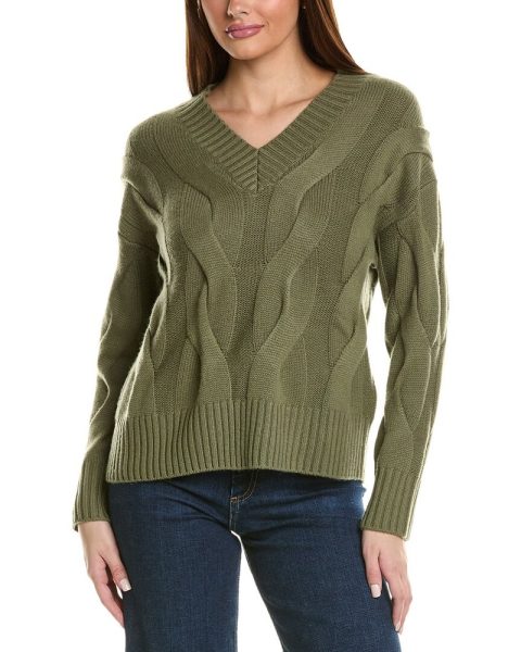 Hannah Rose Wide Cable V-Neck Wool & Cashmere-Blend Sweater 7823757770812
