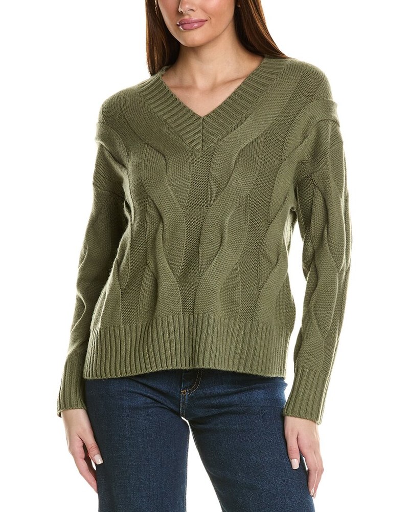 Hannah Rose Wide Cable V-Neck Wool & Cashmere-Blend Sweater 7823757770812